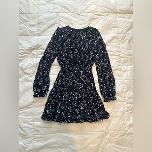 Lulus Navy Dress with White Floral Detailing and Sheer Long Sleeves, Size S